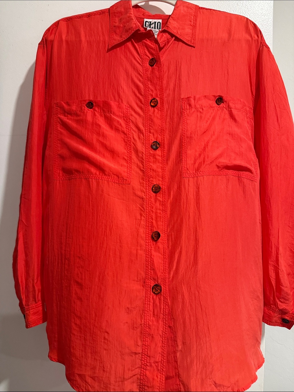 ✨VTG CLIO 100% Silk Blouse Medium Bright Orange Button Down Long Sleeve 90s